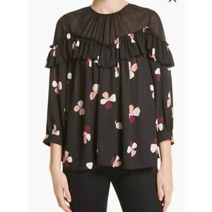 Kate Spade Dusk Buds Ruffle 3/4 Balloon Sleeve Floral Blouse Top Black Size S